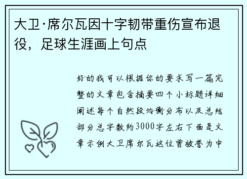 大卫·席尔瓦因十字韧带重伤宣布退役，足球生涯画上句点