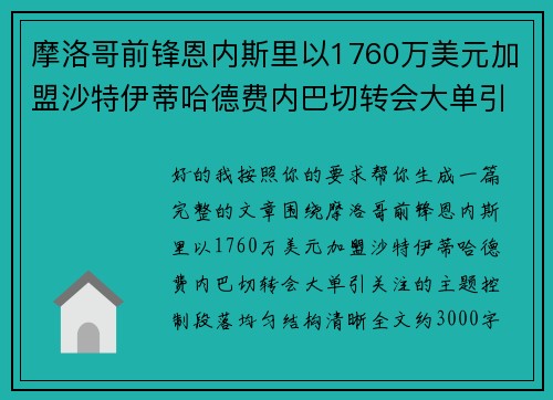 摩洛哥前锋恩内斯里以1760万美元加盟沙特伊蒂哈德费内巴切转会大单引关注