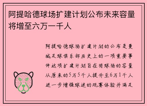 阿提哈德球场扩建计划公布未来容量将增至六万一千人